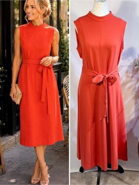 Boden Nicola High Neck Ponte Dress Coral Belted Sleeveless Midi 10P🧡
